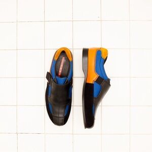 $899 Prada sneakers Mens SZ8.5 Orange Blue Black Leather Suede Mesh Single Monk